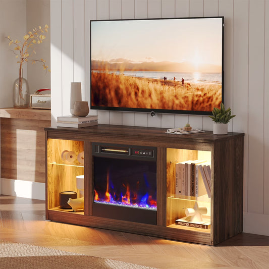 Modern Electric Fireplace TV Stand for Tvs up to 55", with LED and Glass Shelves, Walnut