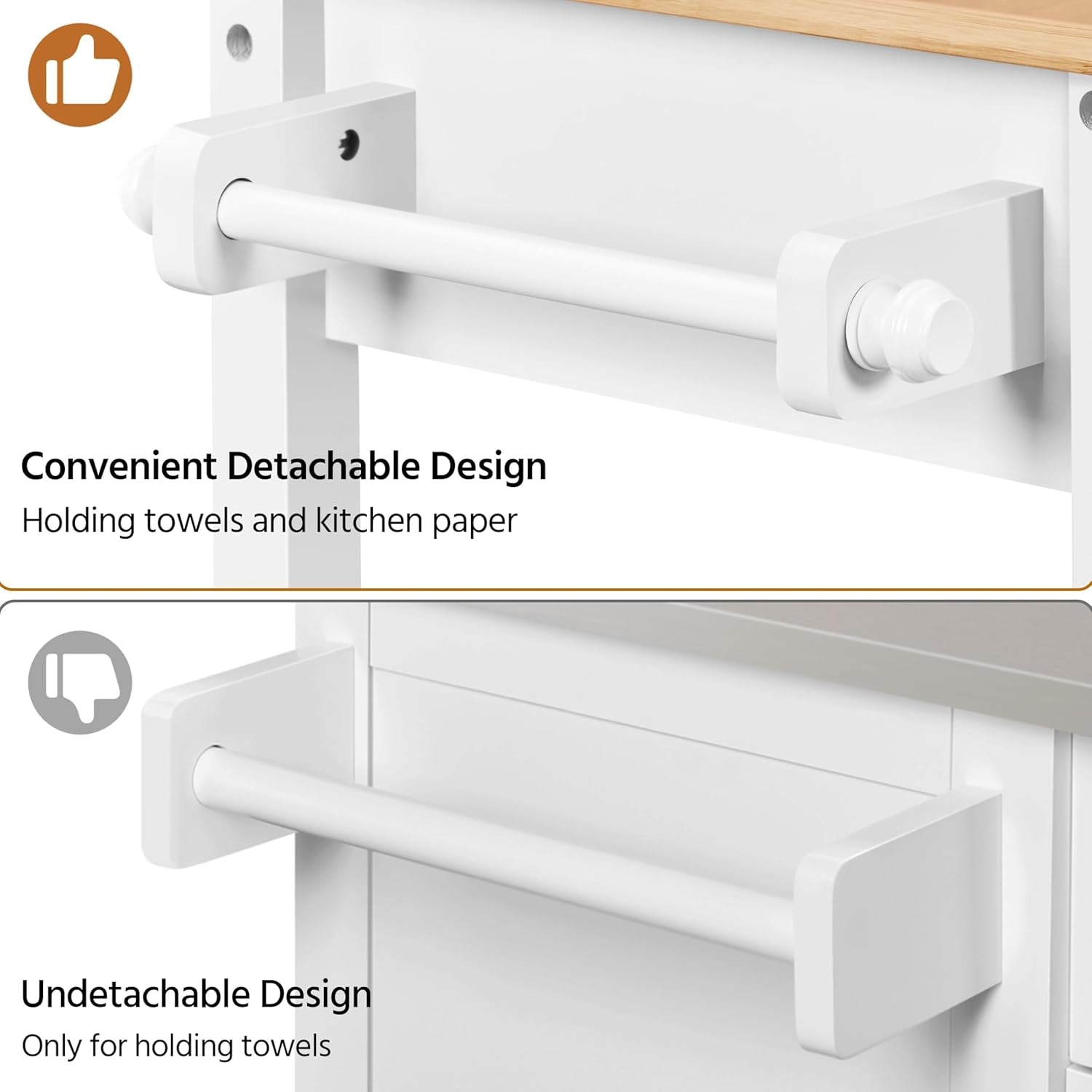 Kitchen Island Cart on Wheels with Bamboo Tabletop, 3-Tier Rolling Kitchen Island Microwave Cart with Drawer, Detachable Towel, 3 Hooks, 17" D X 37.5" W, White