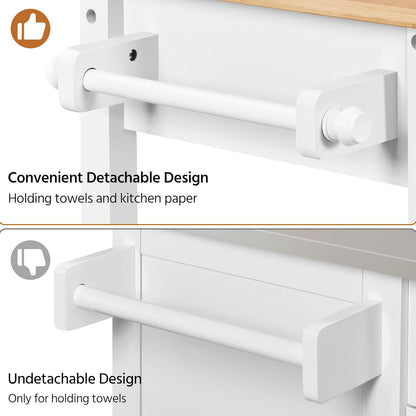 Kitchen Island Cart on Wheels with Bamboo Tabletop, 3-Tier Rolling Kitchen Island Microwave Cart with Drawer, Detachable Towel, 3 Hooks, 17" D X 37.5" W, White