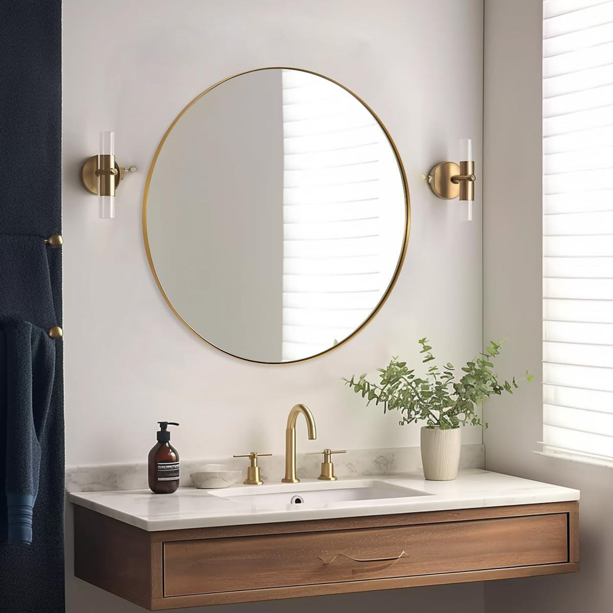 round Gold Mirror 30 Inch, Brass Mirror with Brushed Gold Frame, Wall Mounted Stainless Steel Metal Frame round Mirror for Bathroom, Living Room, Bedroom