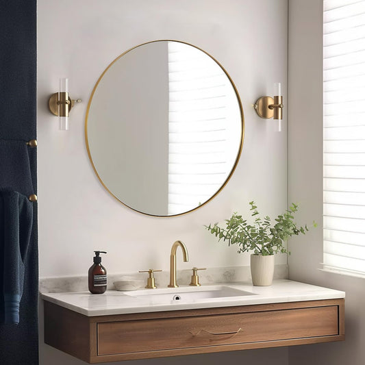 round Gold Mirror 30 Inch, Brass Mirror with Brushed Gold Frame, Wall Mounted Stainless Steel Metal Frame round Mirror for Bathroom, Living Room, Bedroom