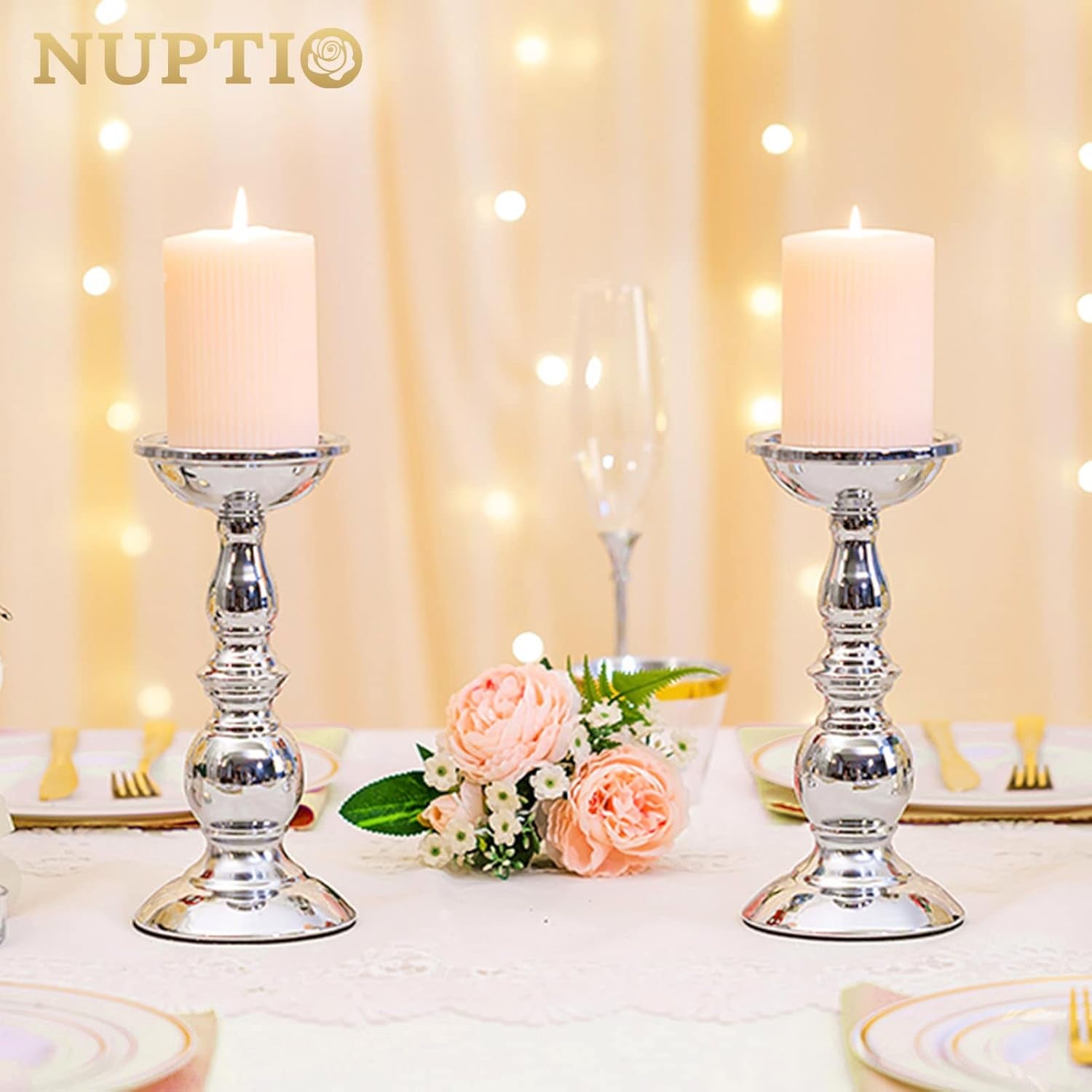 Silver Pillar Candle Holders, Wedding Centerpieces Metal Candle Holder for 3 Inches Candles Stand Decoration Ideal for Weddings Special Events Parties Living Room, 2 Pcs