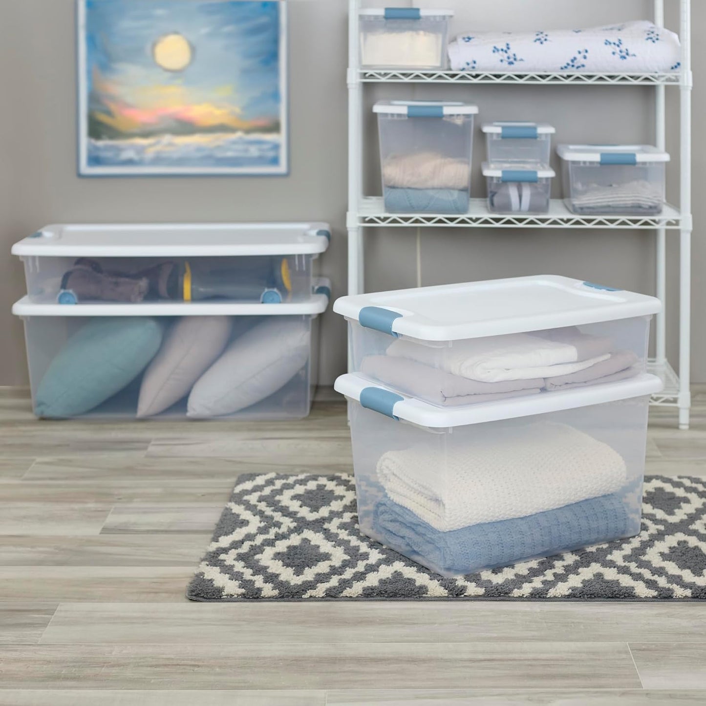 4-Pack 56 Quart Wheeled Latching Box, Underbed Clear Plastic Storage Organizer - under Bed Rolling Container Bin with Lid and Wheels for Home or Dorm Bedrooms and Closets