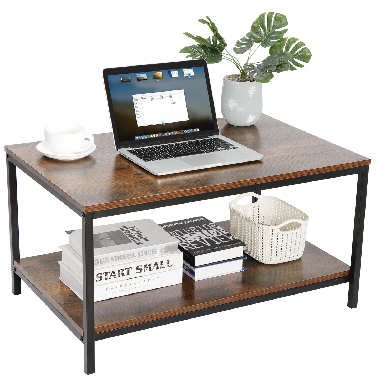 Rustic Wood Coffee Table Rectangular Coffee Table with Storage Shelf Durable 31"