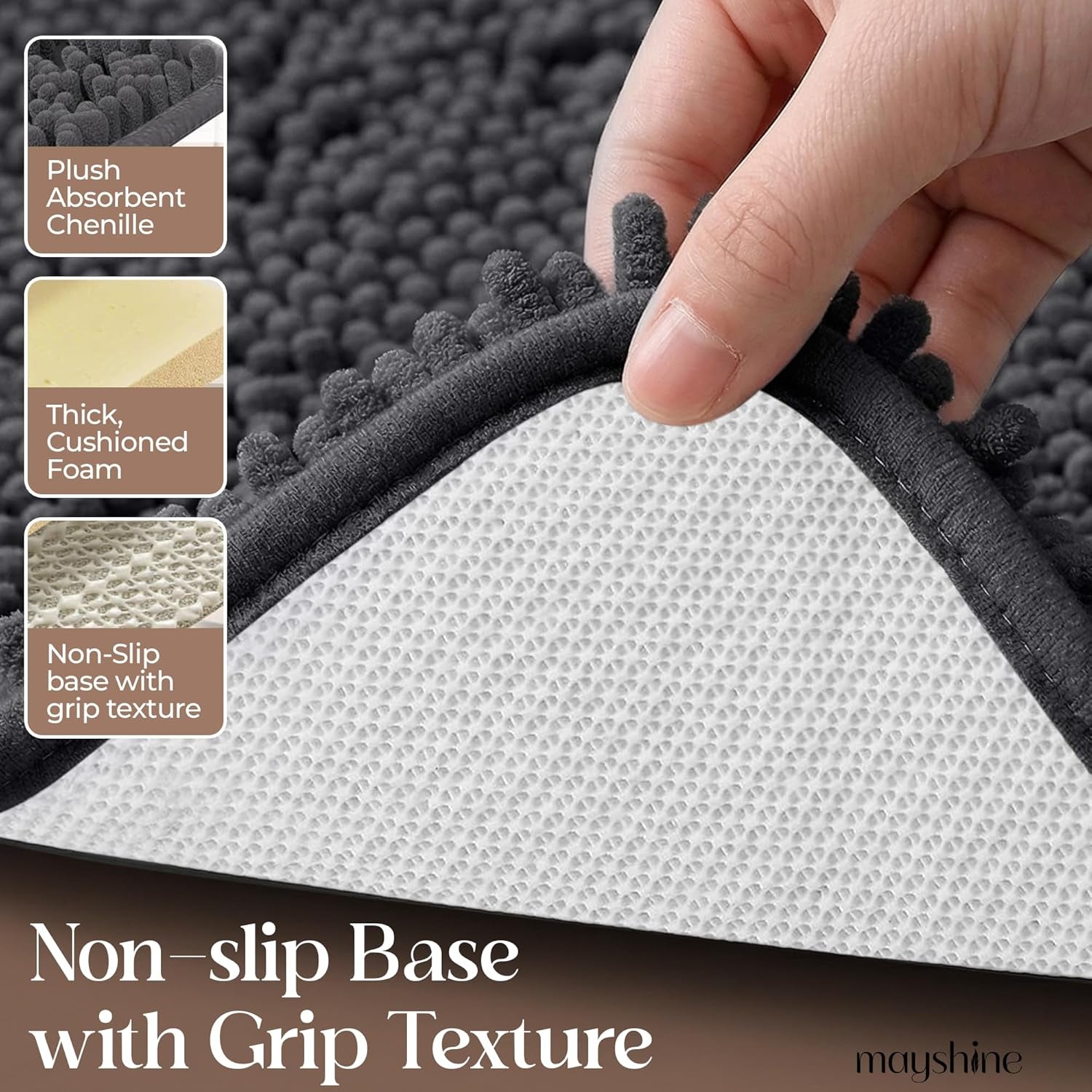 Plush Shaggy Chenille Bath Mat | Extra Soft, Super Absorbent, Non-Slip Bathroom Rug | Fluffy Microfiber, Area Rug Sets for Bathroom Floor, Kitchen, Living Room | 47"X27" | Charcoal Gray