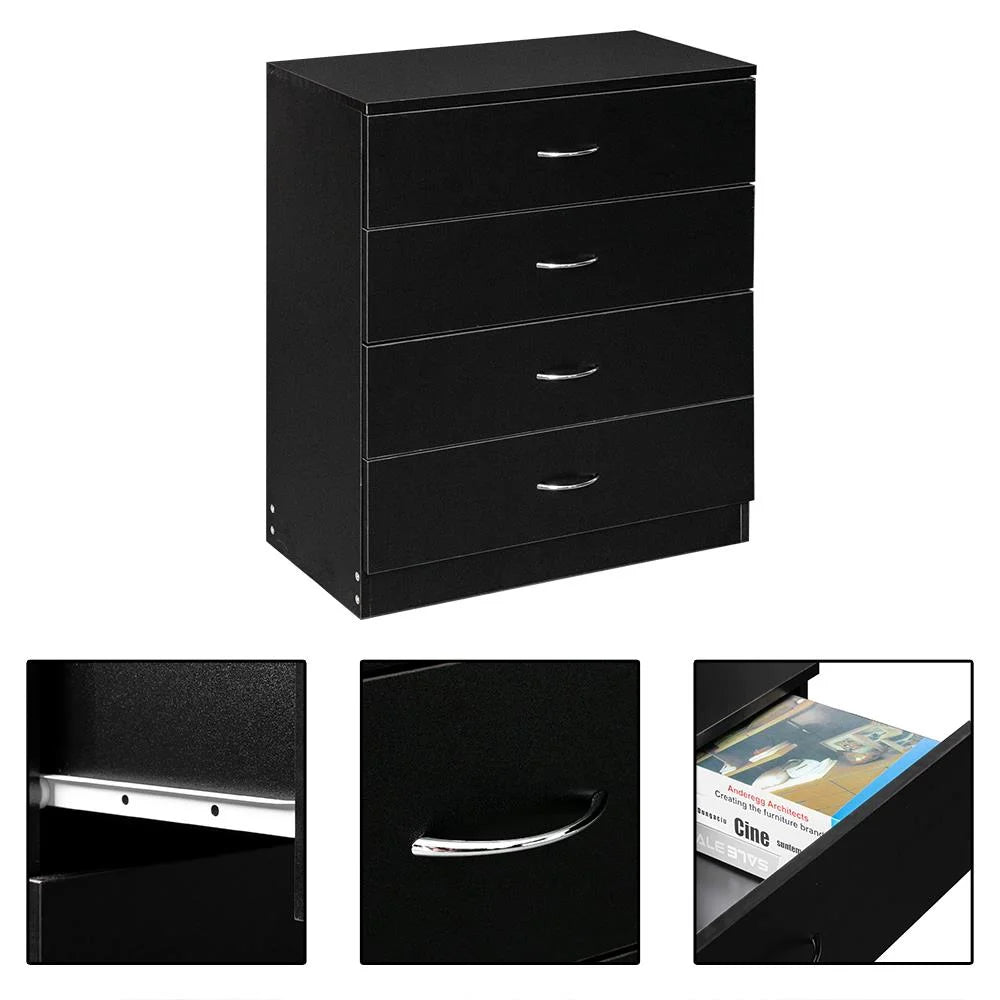 Black Chest of Drawers Dresser Wood Organizer Cabinet, 4 Drawer Nightstand Side Table, Furniture for Bedroom