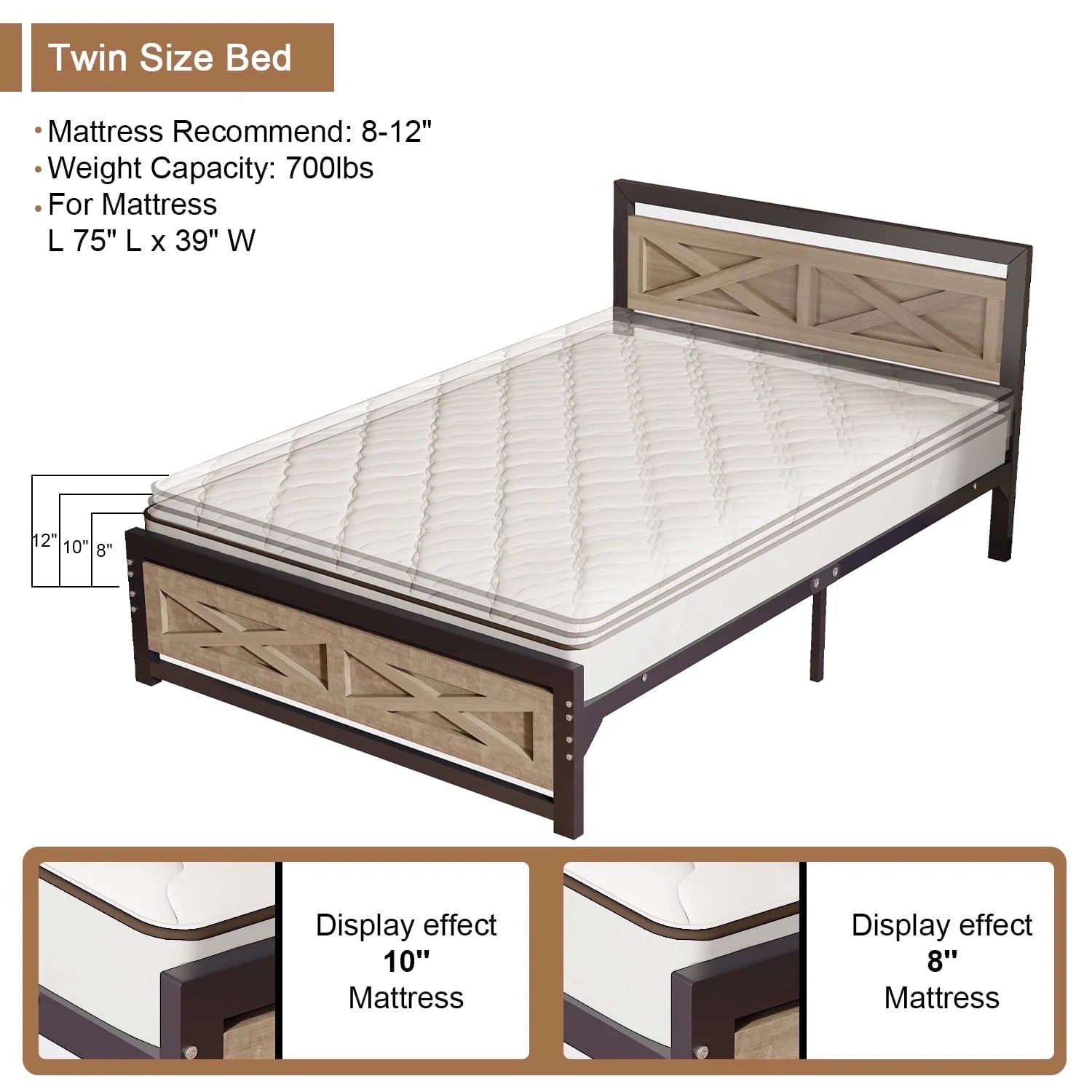 Behost Twin Bed Frame with Headboard and Underbed Storage, Metal Wood Platform Bed Frame Twin, No Box Spring Needed