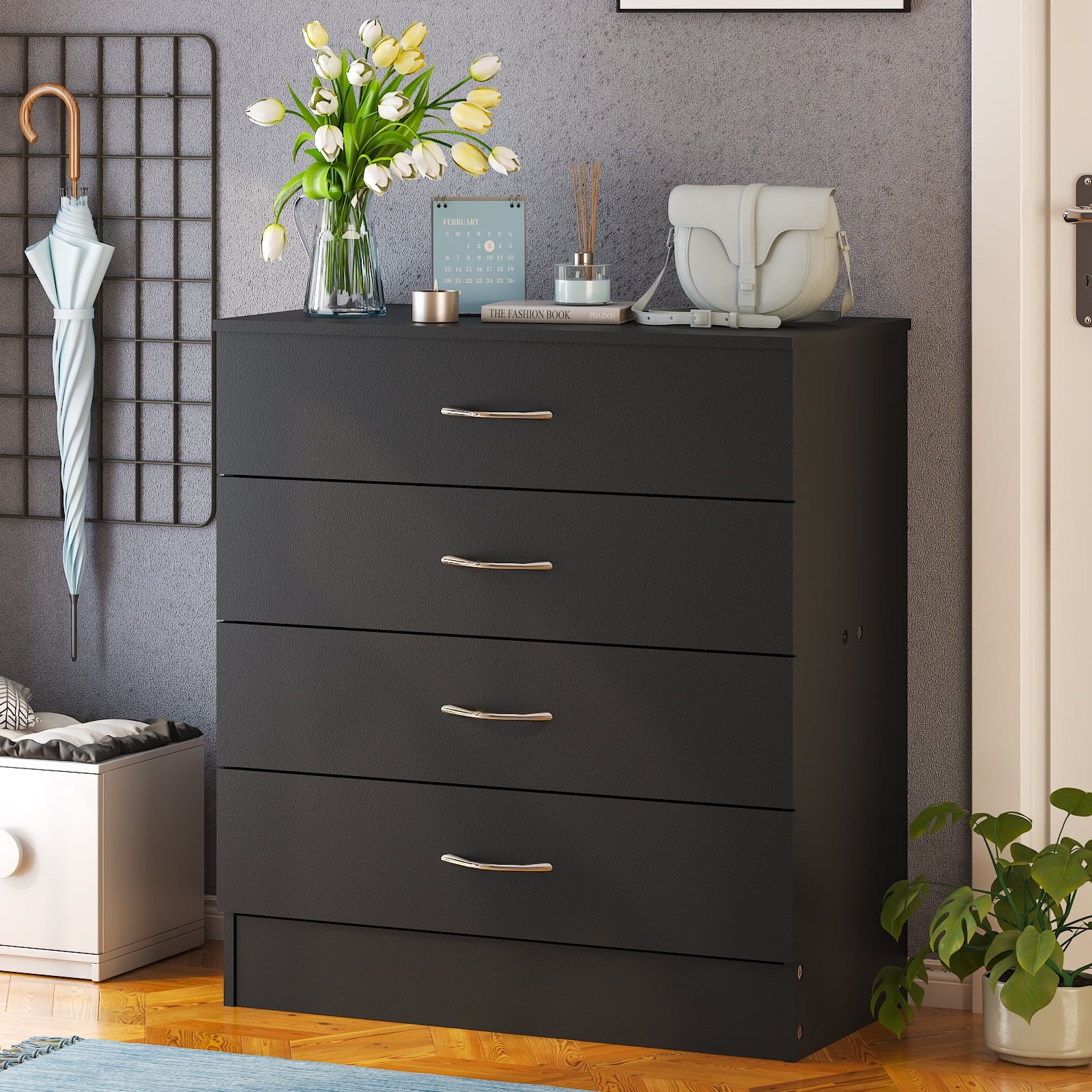 Black Chest of Drawers Dresser Wood Organizer Cabinet, 4 Drawer Nightstand Side Table, Furniture for Bedroom