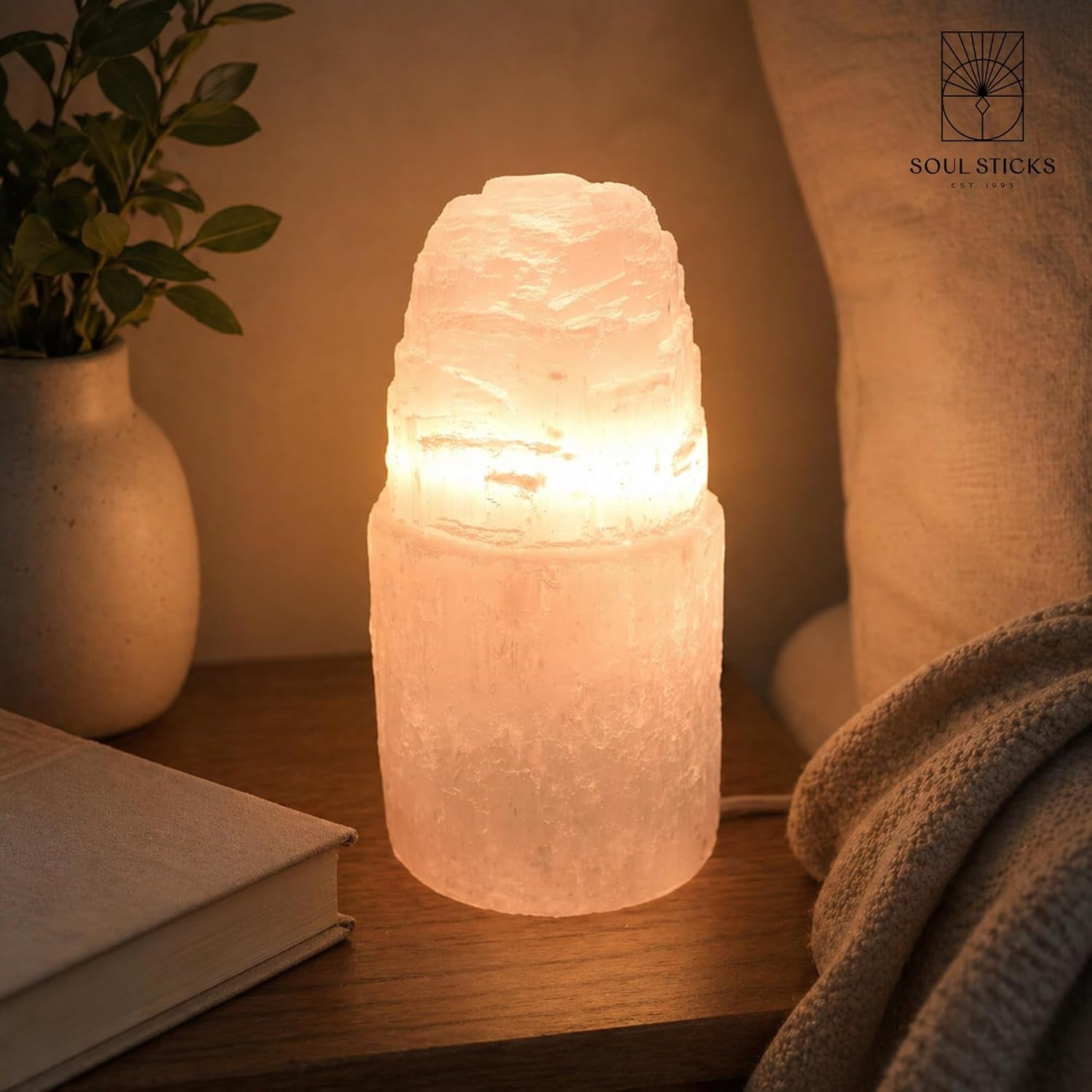 Selenite Crystal Lamp Natural and Made in Morocco | Includes Bulb and Cord with Dimmer Switch | Iceberg Tower Available in 3 Sizes (8 Inch) (6 Inch)