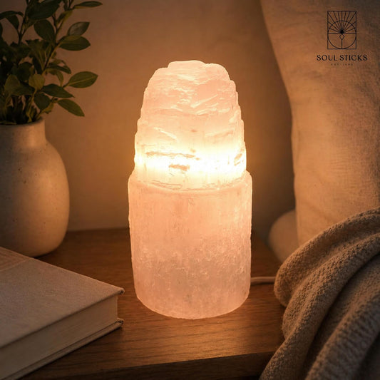 Selenite Crystal Lamp Natural and Made in Morocco | Includes Bulb and Cord with Dimmer Switch | Iceberg Tower Available in 3 Sizes (8 Inch) (6 Inch)