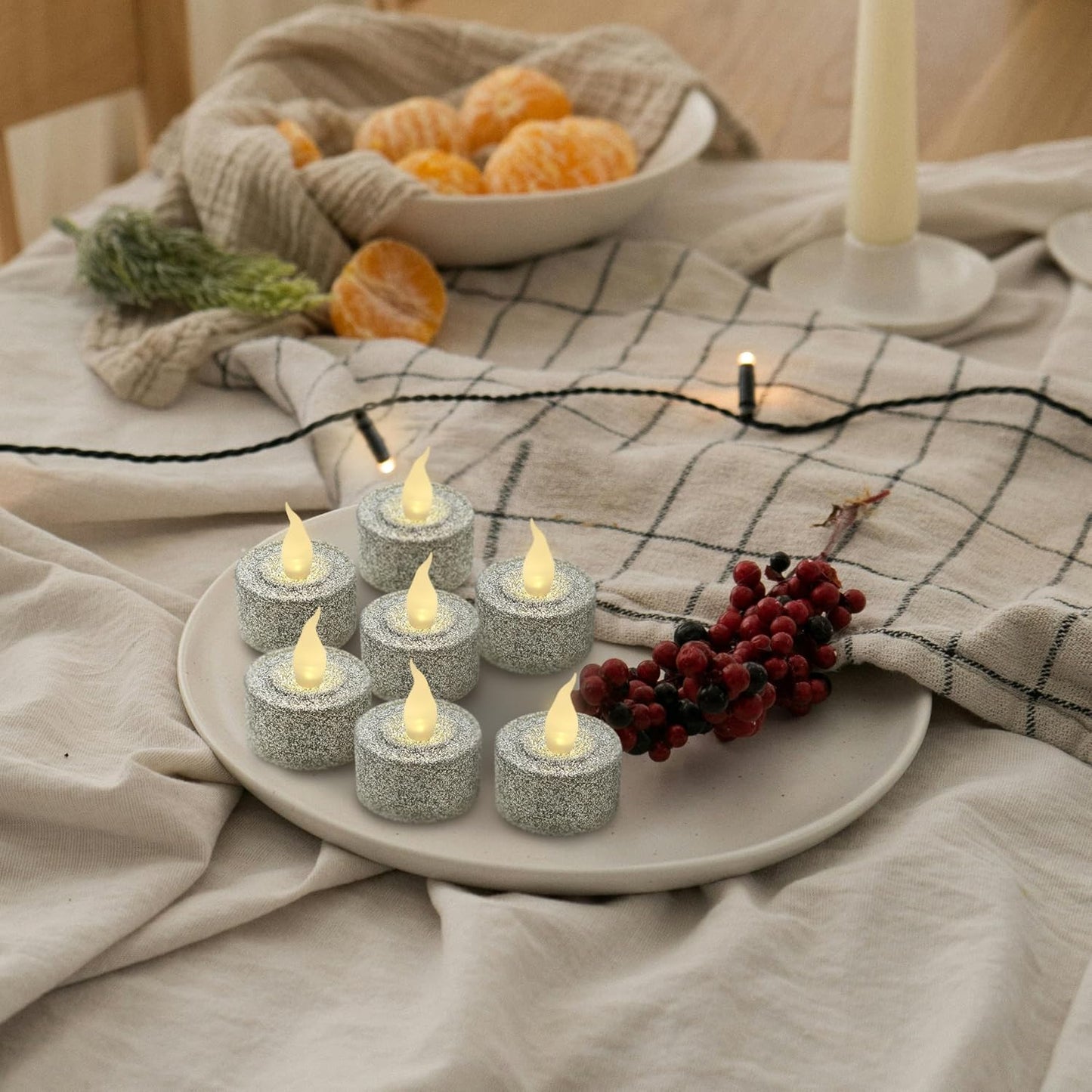 Silver Glitter LED Tealight Candles Pack of 12, Flameless Flickering Tealight Candles for Home Décor, 1.5’’(W) X 1.65’’(H), Battery Operated
