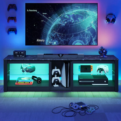 TV Stand for Tvs up to 70" with LED Light, Entertainment Center for PS5 with Shelves, Black Marble