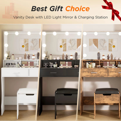 Modern Vanity Table Set with Lighted Mirror,Makeup Table with 2 Drawers & Power Strip,Dresser Desk for Girls, Women, White