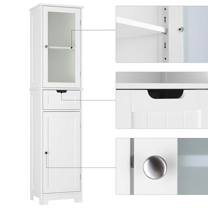 Bathroom Storage Tower, Narrow Linen Cabinet with Door and Drawers, Tall Bathroom Storage Cabinet for Small Spaces, White