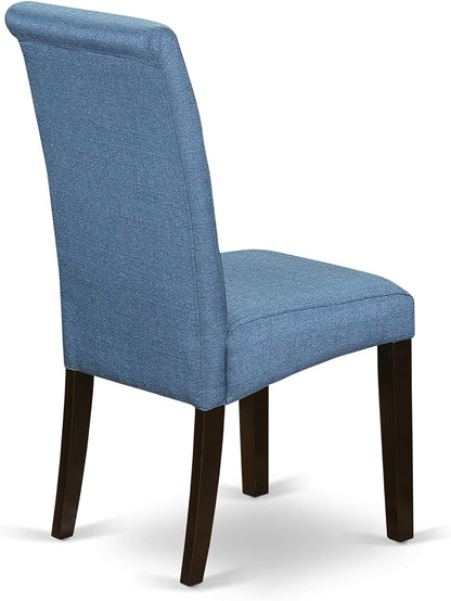 BOBA5-CAP-21 5 Piece Kitchen Table & Chairs Set Includes a round Dining Room Table and 4 Blue Color Linen Fabric Parsons Dinette Chairs, 42X42 Inch, Cappuccino