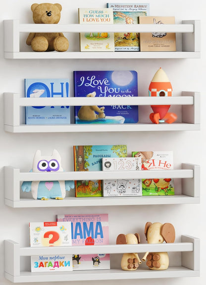 Floating Nursery Book Shelves for Wall Set of 4, Wall Bookshelf for Kids Room, White Wood Hanging Bookshelves Book Shelf for Baby Toddler Childrens Boy Girl Bedoom Toy and Decor Storage