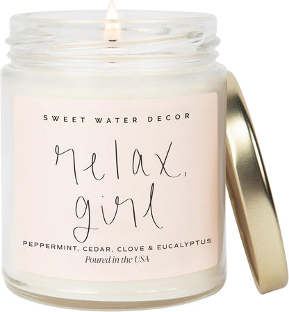 Relax Girl, Peppermint, Cedar, Clove, and Eucalyptus Scented Soy Wax Candle for Home | 9Oz Clear Jar, 40 Hour Burn Time, Non Toxic, Made in the USA
