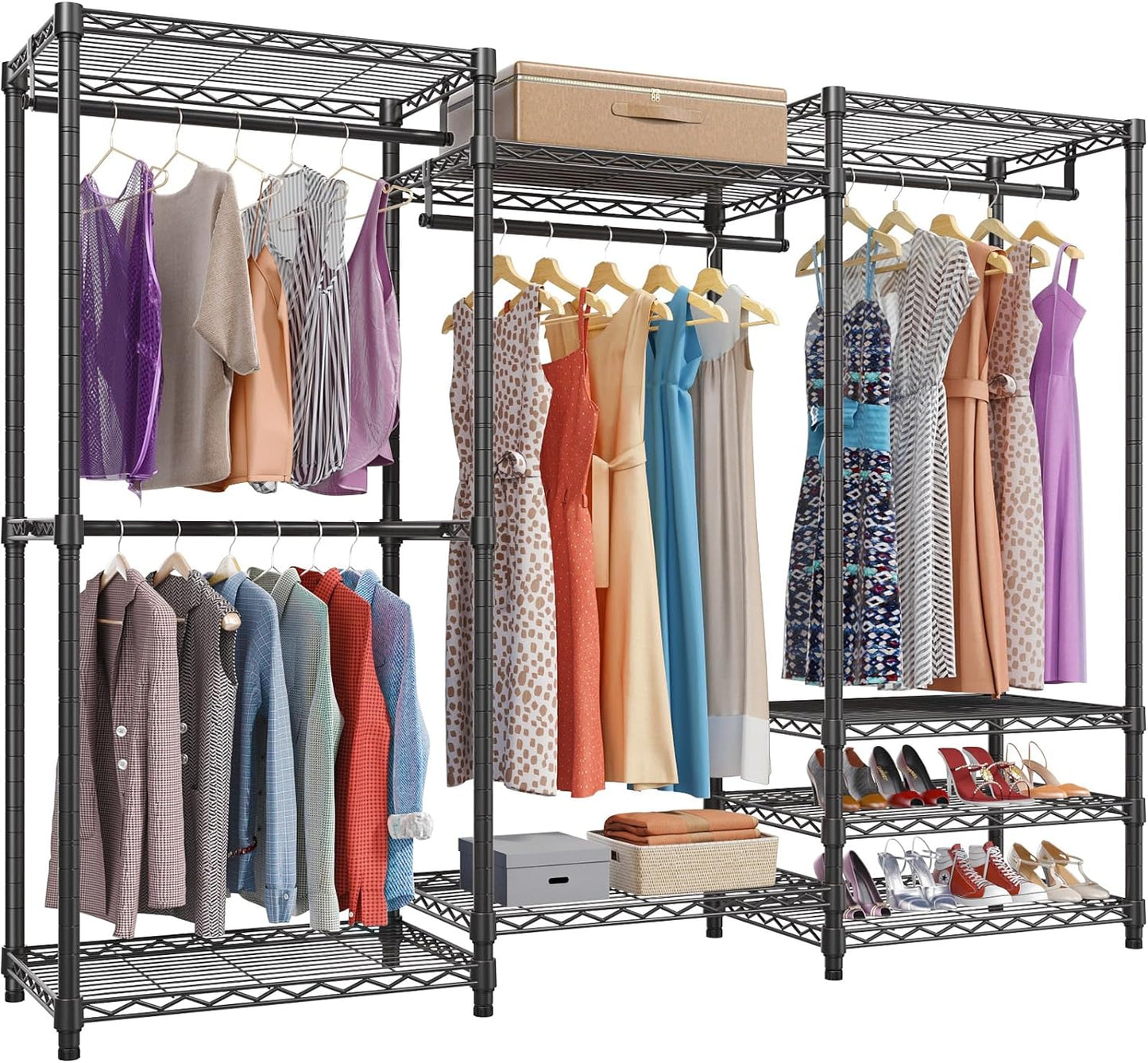 V5 Heavy Duty Clothes Rack, Portable Closet Wardrobe with 4 Hanging Rods & 8 Shelves, Freestanding Adjustable Garment Rack for Bedroom, Walk-In Closet, 890 Lbs Capacity, Black, 68.9" L