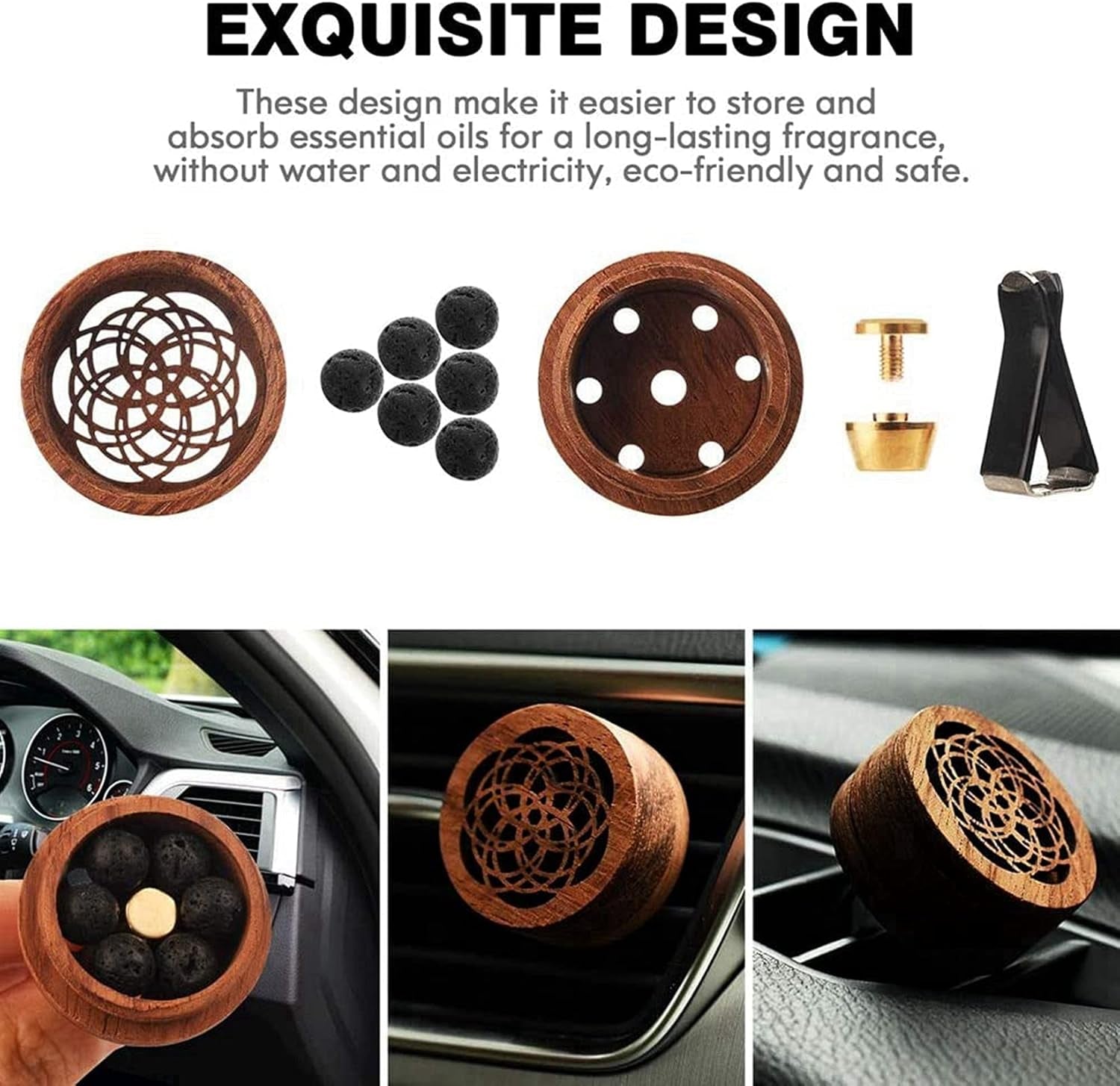 Car Essential Oil Diffuser, 2 Pcs Portable Mini Vent Clip Wooden Flower Car Diffuser for Women