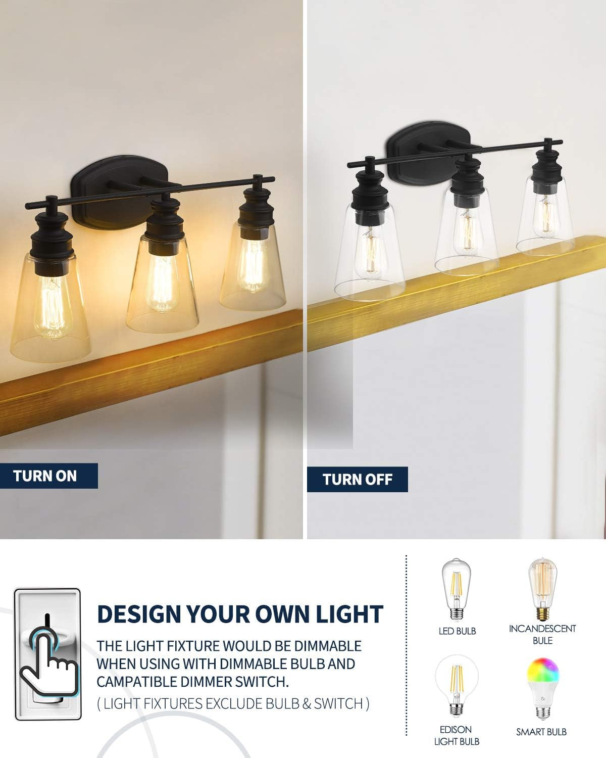 Bathroom Light Fixtures, 22.25 Inch 3-Light Vanity Lights with Clear Glass Shade in Black Finish, MBA99987-3