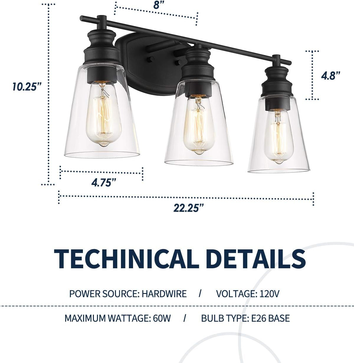 Bathroom Light Fixtures, 22.25 Inch 3-Light Vanity Lights with Clear Glass Shade in Black Finish, MBA99987-3