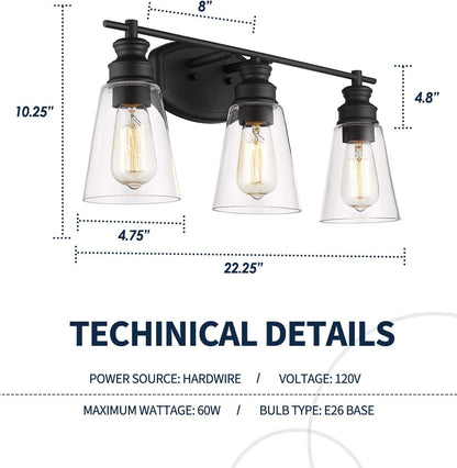 Bathroom Light Fixtures, 22.25 Inch 3-Light Vanity Lights with Clear Glass Shade in Black Finish, MBA99987-3