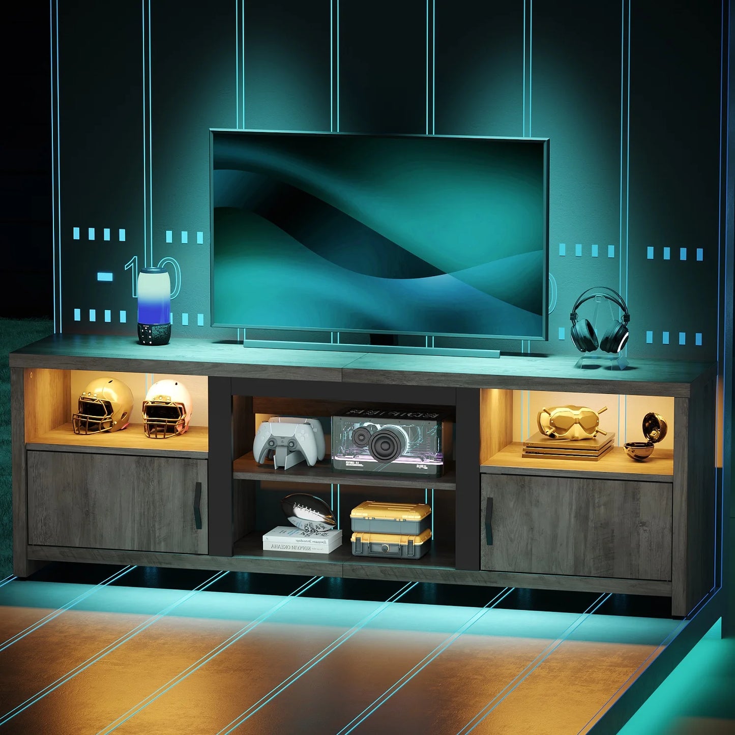 70" Farmhouse TV Stand for Tvs up to 80" with LED Lights, Entertainment Center with Cabinet & Open Shelves in Wash Grey