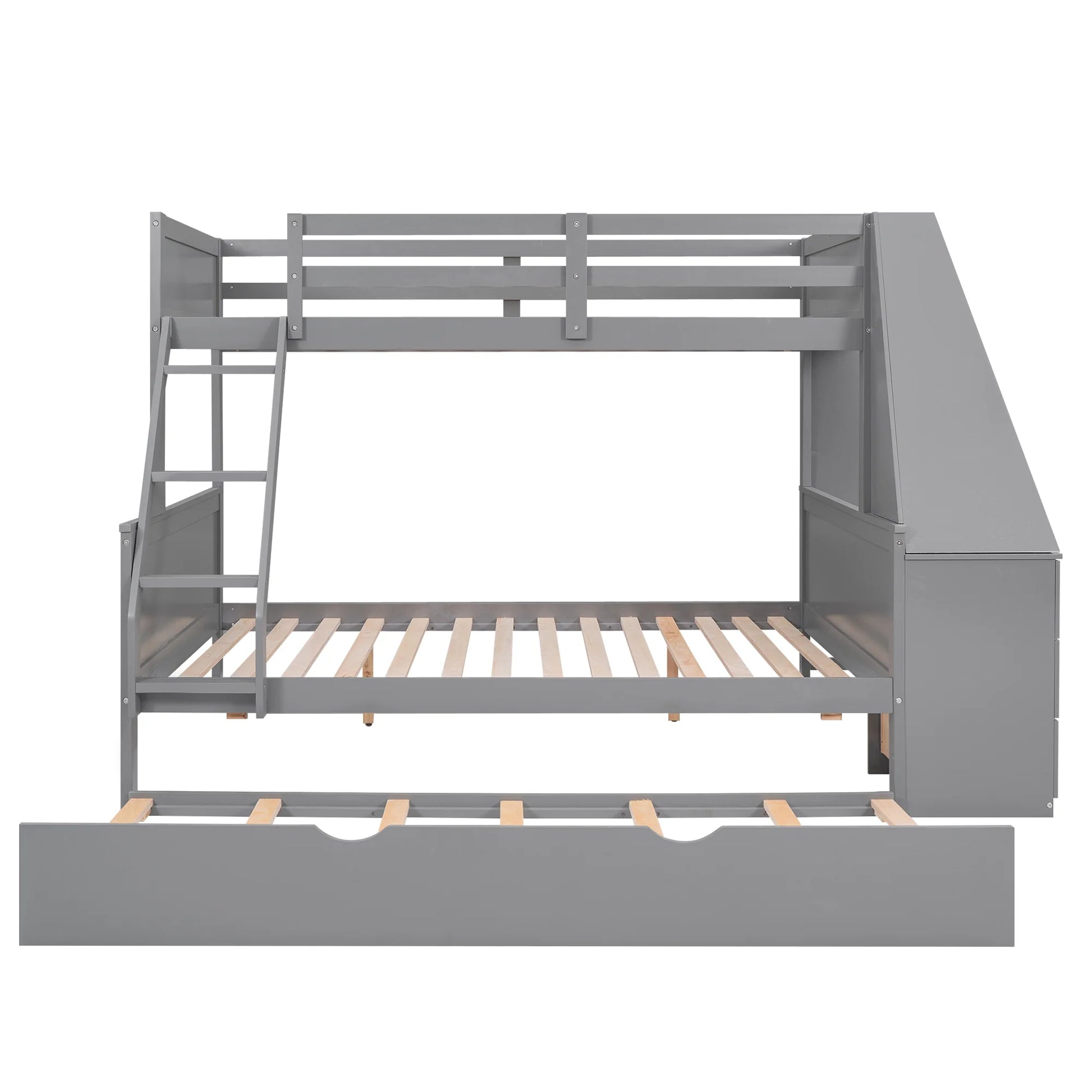 Wood Twin over Full Bunk Bed with Twin Trundle, Built-In Desk with Shelf and 3 Drawers for Kids Teens Adults, 3-In-1 Beds, Gray
