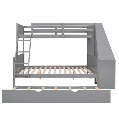 Wood Twin over Full Bunk Bed with Twin Trundle, Built-In Desk with Shelf and 3 Drawers for Kids Teens Adults, 3-In-1 Beds, Gray