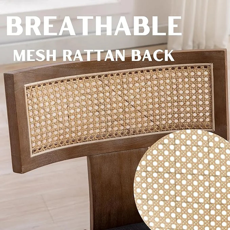 Modern Rattan Backrest Dining Chairs Set of 2, Mid-Century Farmhouse Linen Upholstered Kitchen Chairs Solid Wood Side Chairs for Kitchen Dining Room Living Room, Charcoal