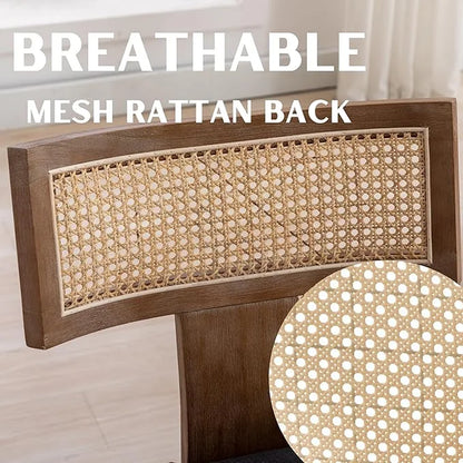 Modern Rattan Backrest Dining Chairs Set of 2, Mid-Century Farmhouse Linen Upholstered Kitchen Chairs Solid Wood Side Chairs for Kitchen Dining Room Living Room, Charcoal