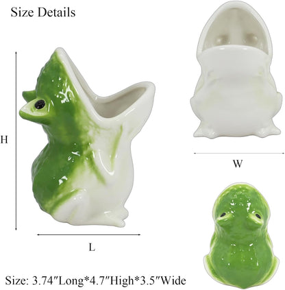 Cute Frog Succulent Planter Pot with Drainage Tray, Small Ceramic Cactus Flower Container, Funny Animal Shaped Indoor Air Plants Holder