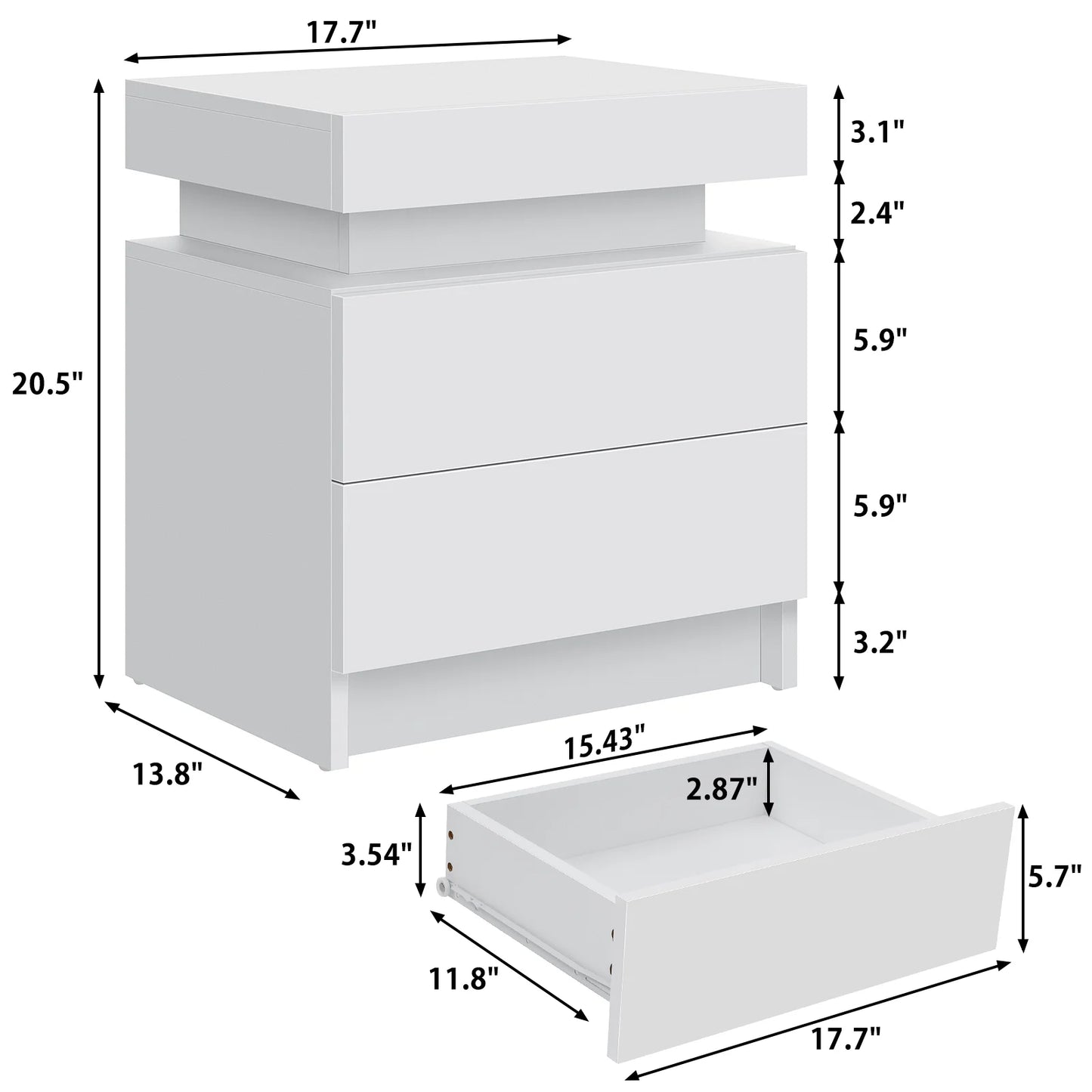 Modern LED Nightstand with 2 Drawers High Gloss Led Light Bedside Table Storage White Night Table with Lights End Side Table with Drawer for Bedroom 20.5" Tall