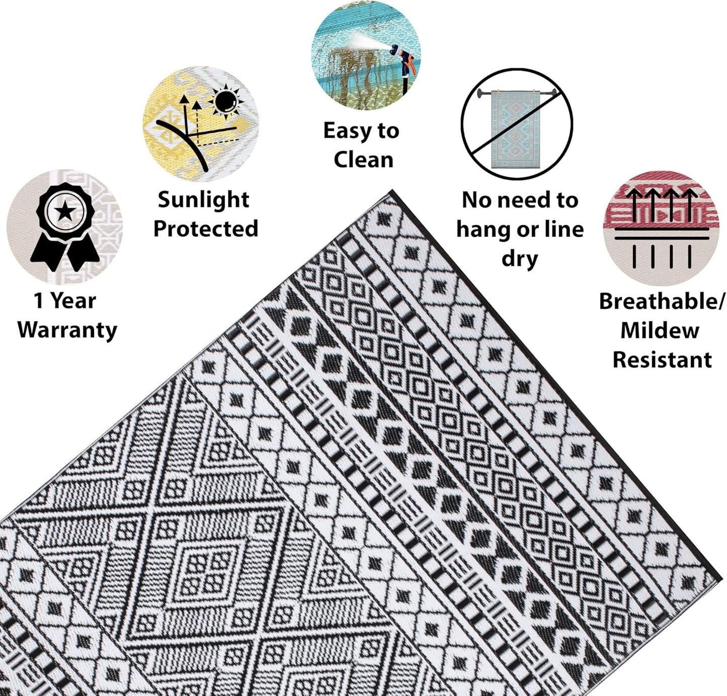 Relic Premium Stain Proof Rain Proof Lightweight Reversible Plastic Crease Free Outdoor Rug (8X10, Black/White)