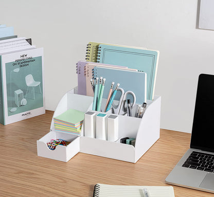 White Desktop Organizer - 9 Compartment Office Desk Accessories Organizer - Pen Holder