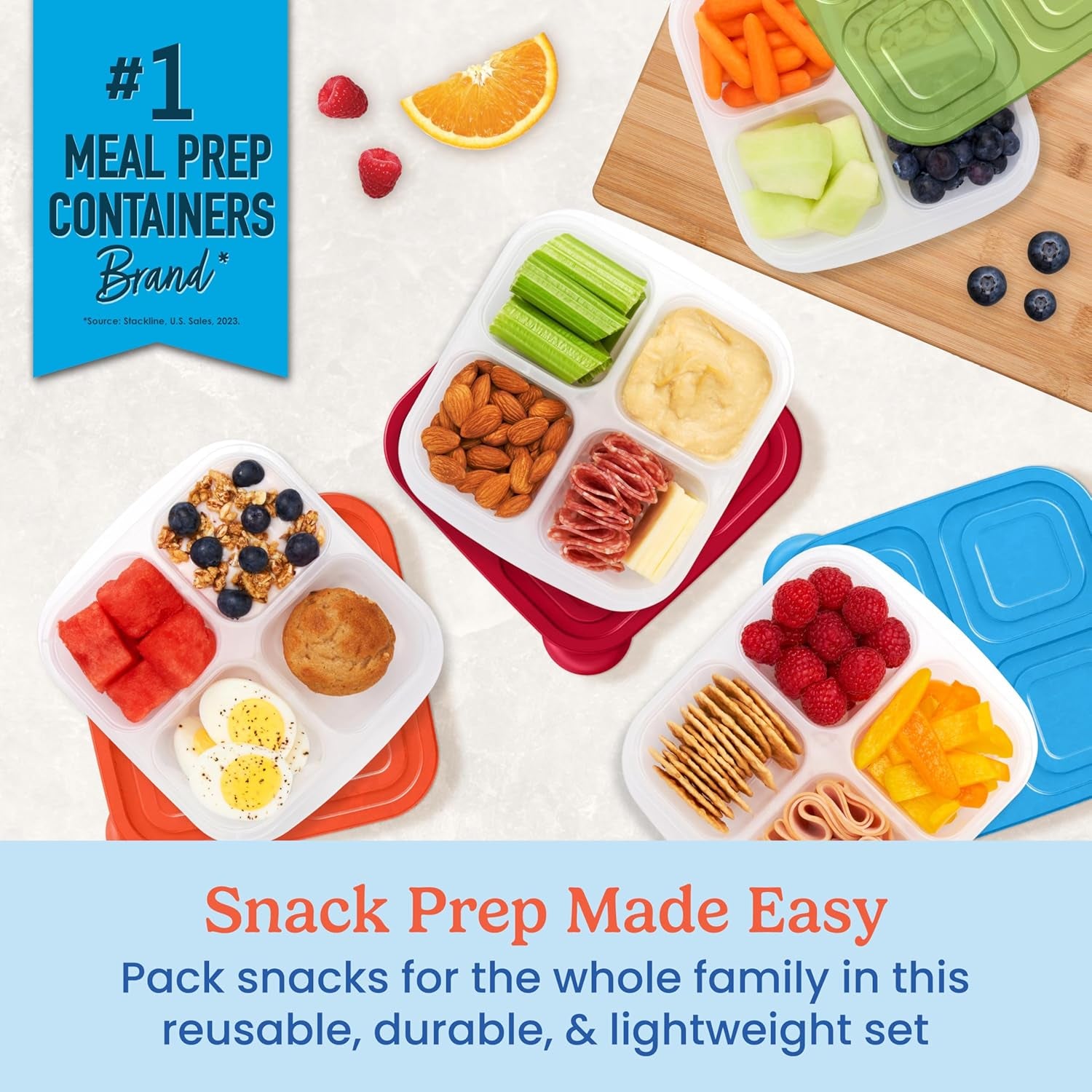 Easyboxes 4-Compartment Snack Containers - 8-Piece Set with 4 Trays & 4 Custom-Fit Lids to Seal in Freshness - Reusable Food Storage & Meal Prep Bento Bpa-Free Containers (Classic 4-Pack)