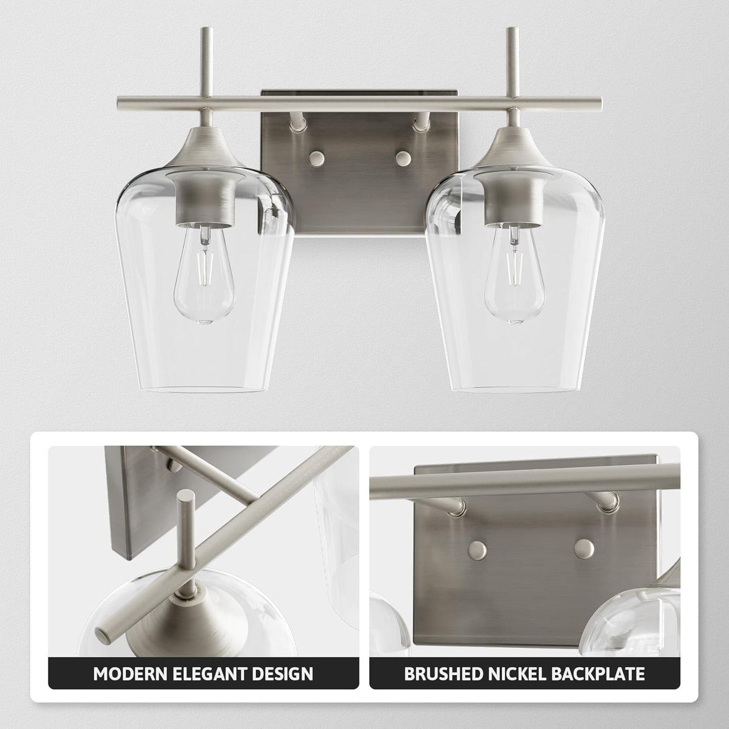 Bathroom Vanity Light, 2 Light Bathroom Light Fixture over Mirror, Bathroom Wall Lamp with Clear Glass, Modern Brushed Nickel Vanity Lighting Fixtures for Bathroom, Bedroom, Hallway