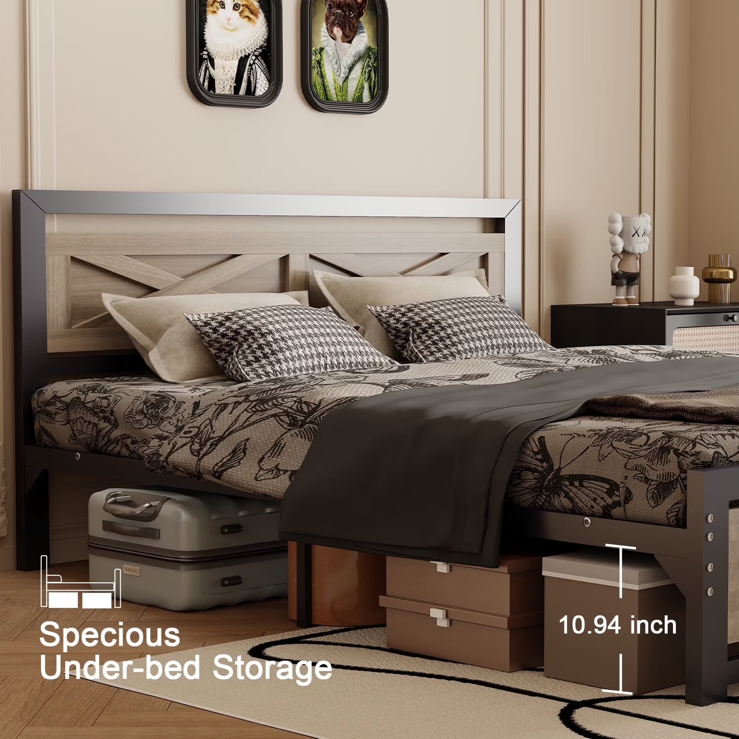 Behost Twin Bed Frame with Headboard and Underbed Storage, Metal Wood Platform Bed Frame Twin, No Box Spring Needed
