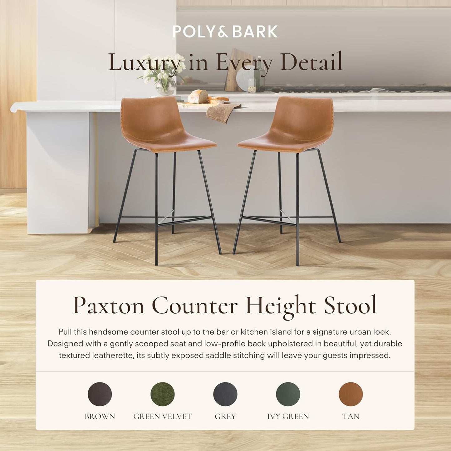 Paxton Leather Counter Stools 24 Inches – Set of 2 - Counter Height Bar Stools with Back – Modern Barstools for Kitchen Island or Counters – Faux Leather & Matte Black Steel Base – Tan