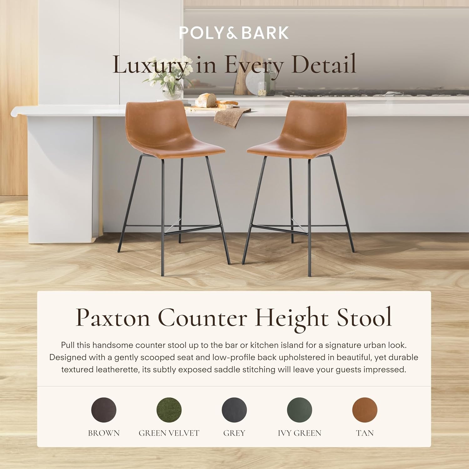 Paxton Leather Counter Stools 24 Inches – Set of 2 - Counter Height Bar Stools with Back – Modern Barstools for Kitchen Island or Counters – Faux Leather & Matte Black Steel Base – Tan