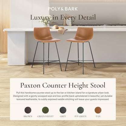 Paxton Leather Counter Stools 24 Inches – Set of 2 - Counter Height Bar Stools with Back – Modern Barstools for Kitchen Island or Counters – Faux Leather & Matte Black Steel Base – Tan