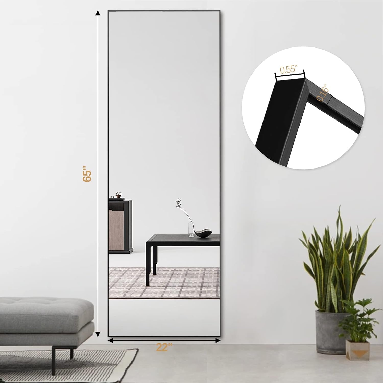 Full Length Mirror Dressing Mirror Standing or Wall Mounted Mirror Aluminum Alloy Frame Mirror for Living Room 65”X 22”(Black)