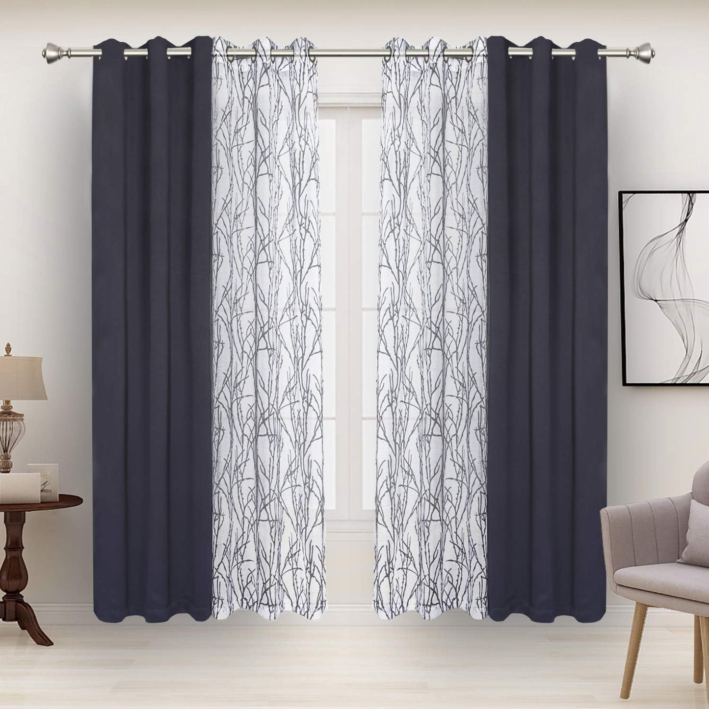 Mix and Match Curtains - 2 Pieces Branch Print Sheer Curtains and 2 Pieces Blackout Curtains for Bedroom Living Room Grommet Window Drapes, 37X63 Inch/Panel, Grey Dark, Set of 4 Panels