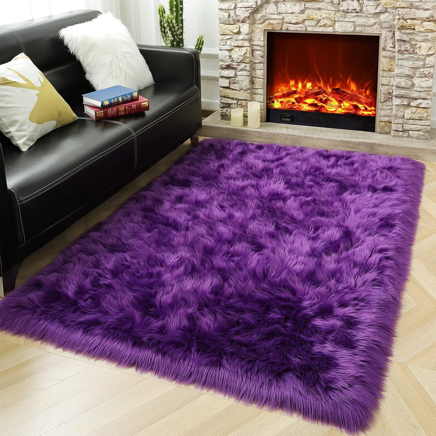 Soft Fluffy Faux Fur Area Rug for Bedroom Living Room, Extra Comfy and Fuzzy Rugs, Washable Plush Carpet for Bed Home Decor, 3X5 Feet Purple