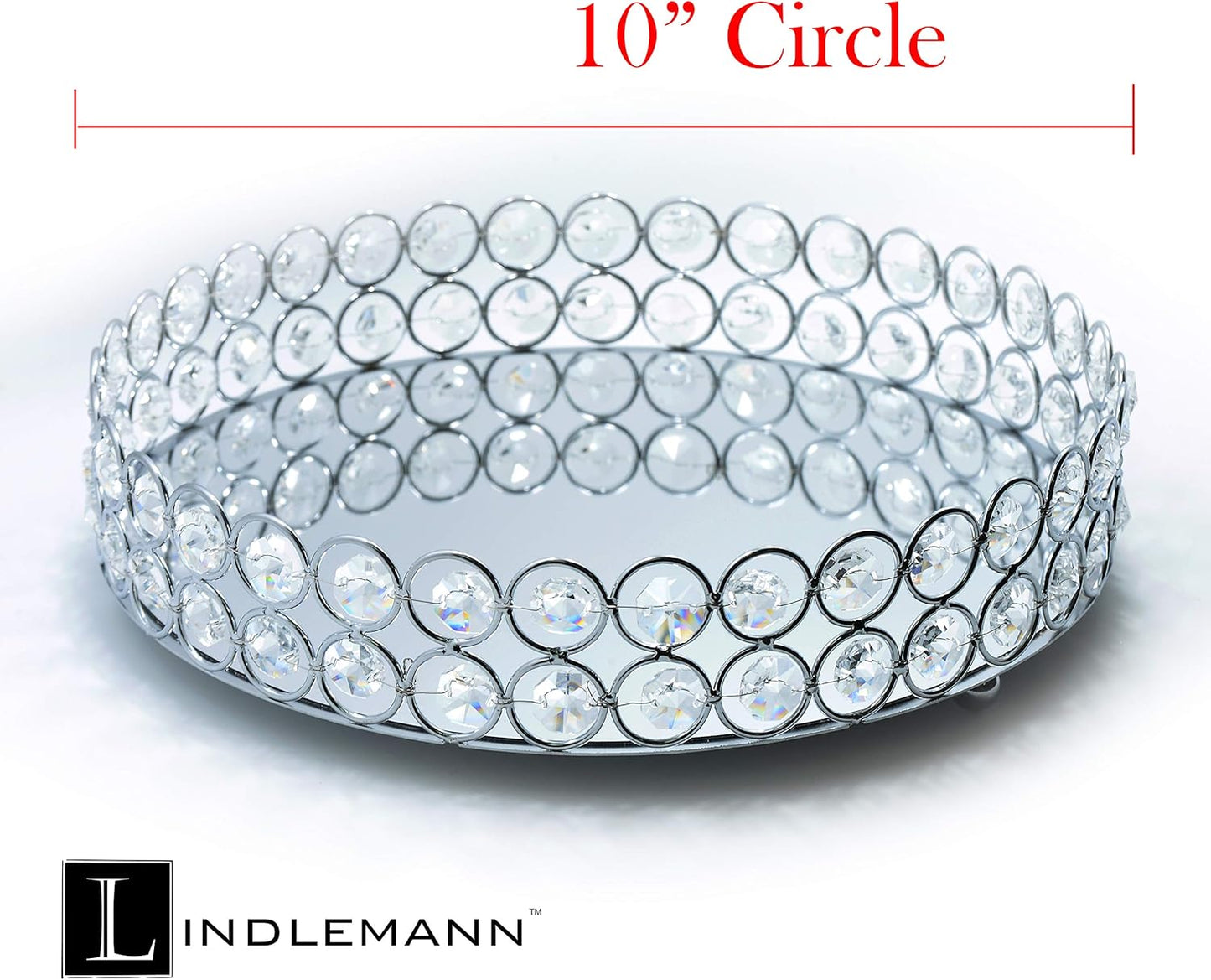 Crystal Decorative Tray Metal Mirrored Perfume Cosmetic Organizer Jewelry Trinket Display Storage Vanity Trays Home Décor Accents Luxury Gift (Round, 10In, Silver)