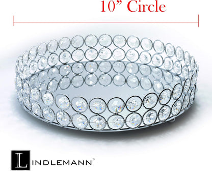 Crystal Decorative Tray Metal Mirrored Perfume Cosmetic Organizer Jewelry Trinket Display Storage Vanity Trays Home Décor Accents Luxury Gift (Round, 10In, Silver)