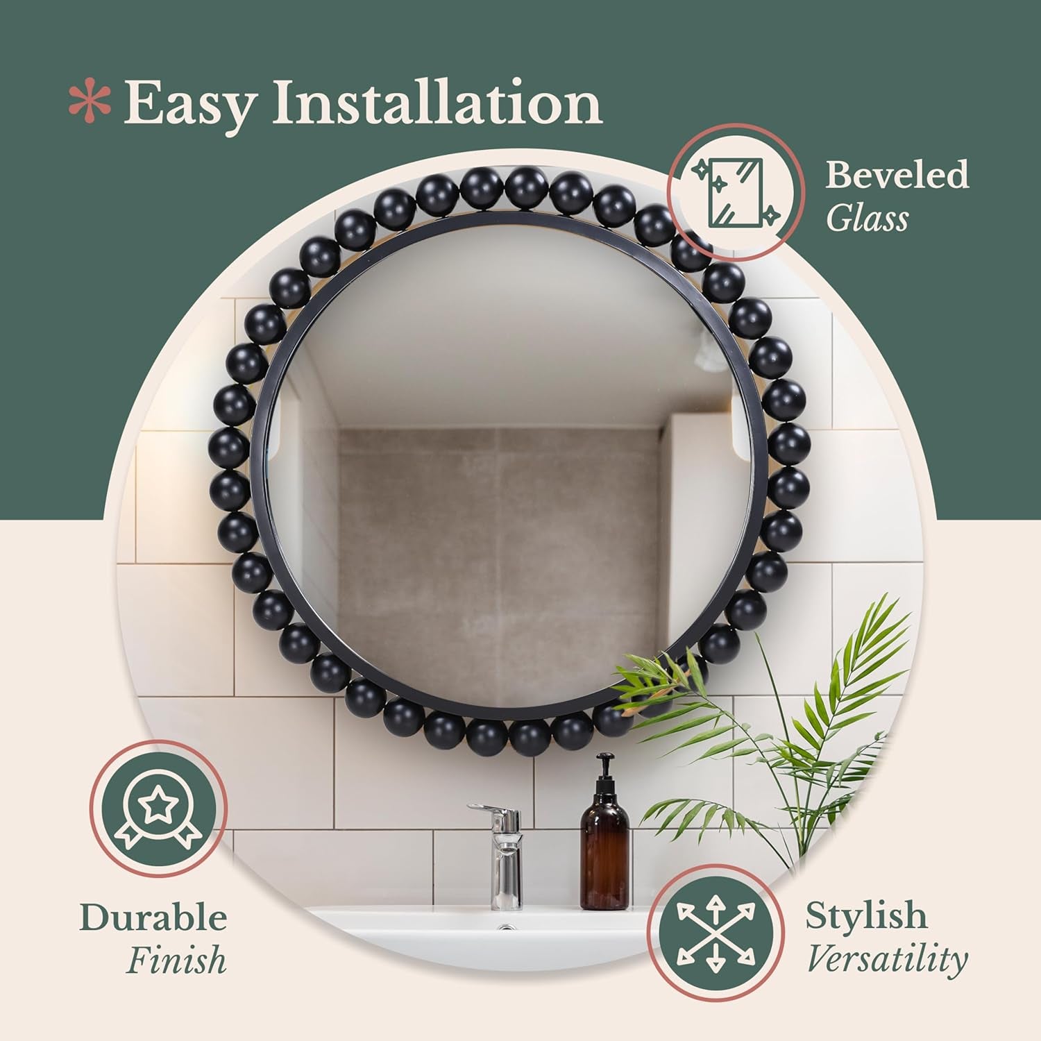 Black Circle Mirror - 33 X 33In - Chic round Mirror for Living Room, Bathroom, Entryway, Vanity Decor -Dimensional Crystal Clear Beads Reflect Light - Home Wall Decor