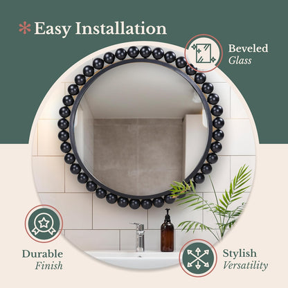 Black Circle Mirror - 33 X 33In - Chic round Mirror for Living Room, Bathroom, Entryway, Vanity Decor -Dimensional Crystal Clear Beads Reflect Light - Home Wall Decor