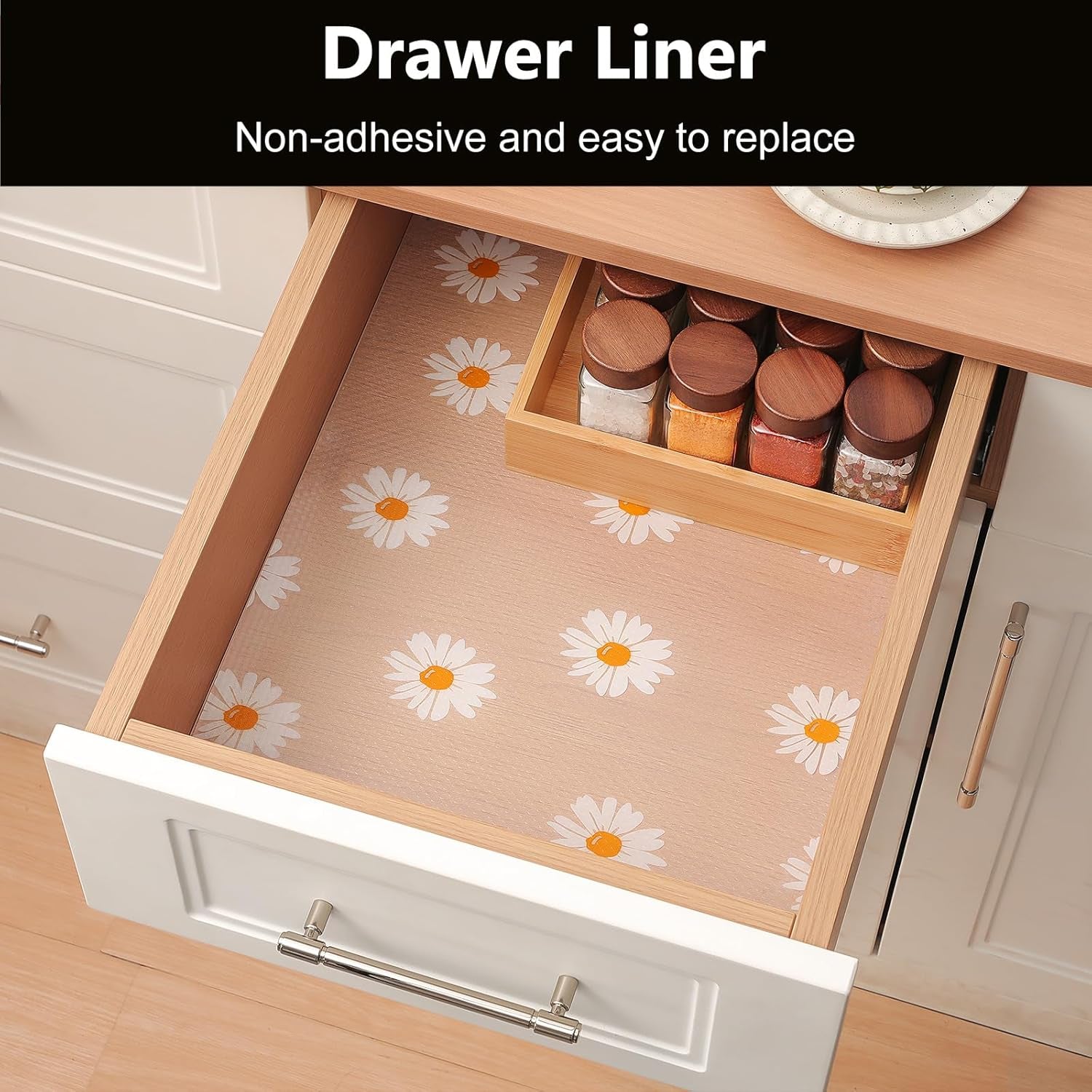 Shelf Liners for Kitchen Cabinets – Drawer Liner Waterproof & Oil-Proof, Non-Adhesive EVA with Floral Pattern – Durable Washable, Easy to Clean (Clean Daisy, 11.8" X 360")