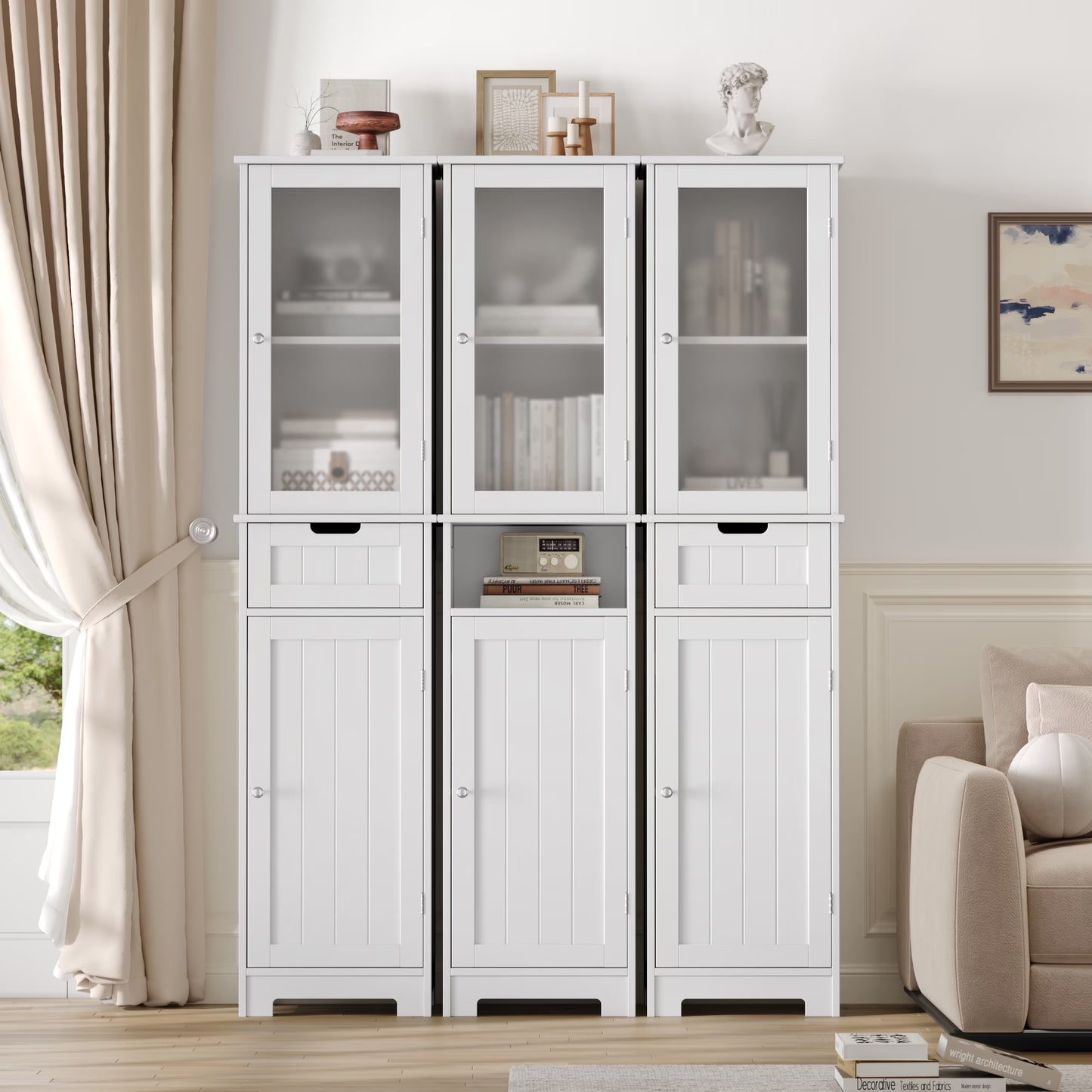Bathroom Storage Tower, Narrow Linen Cabinet with Door and Drawers, Tall Bathroom Storage Cabinet for Small Spaces, White